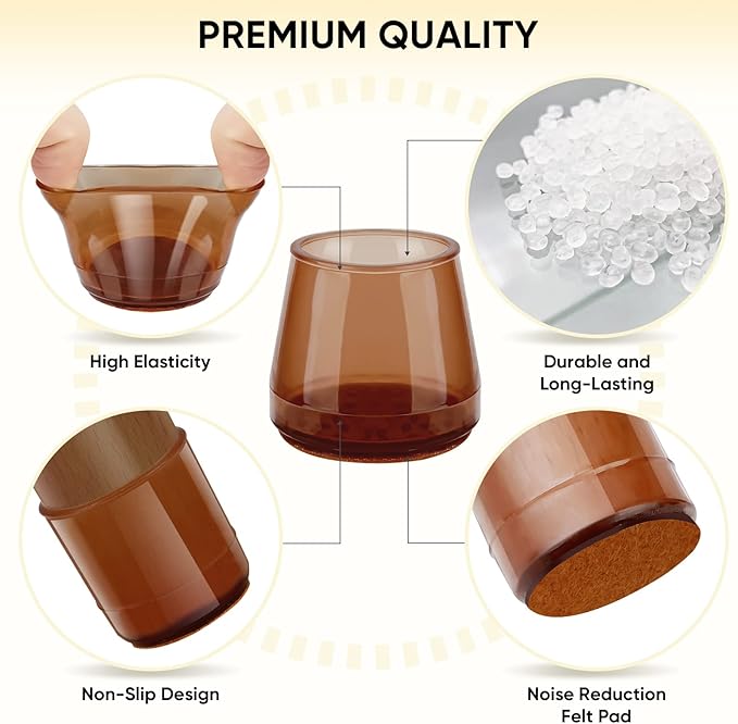 BALEINE 16 Pack Silicone Chair Leg Floor Protectors, Stool Leg Protectors Cap, Non-Slip Chair Leg Caps for Hardwood Floors (Brown & Large, 16 Pack)