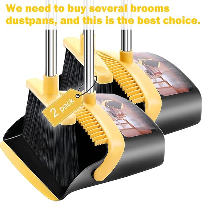 2-Pack is More economical，Upgraded Broom and Dustpan， with 52" Long Handle, Dustpan Teeth with self-Cleaning Function, Indoor and Outdoor Sweeping, Perfect for Home Office