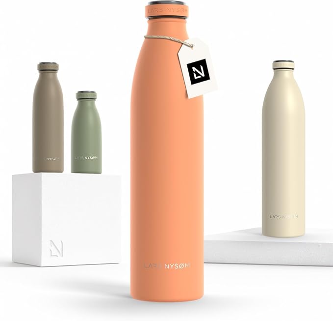 LARS NYSØM Stainless Steel Insulated Water Bottle 12oz 17oz 25oz 34oz 51oz | Insulated Thermo Flask for Hot and Cold Beverages | Leakproof Drinking Bottle (Pumpkin Orange, 33.9 oz)