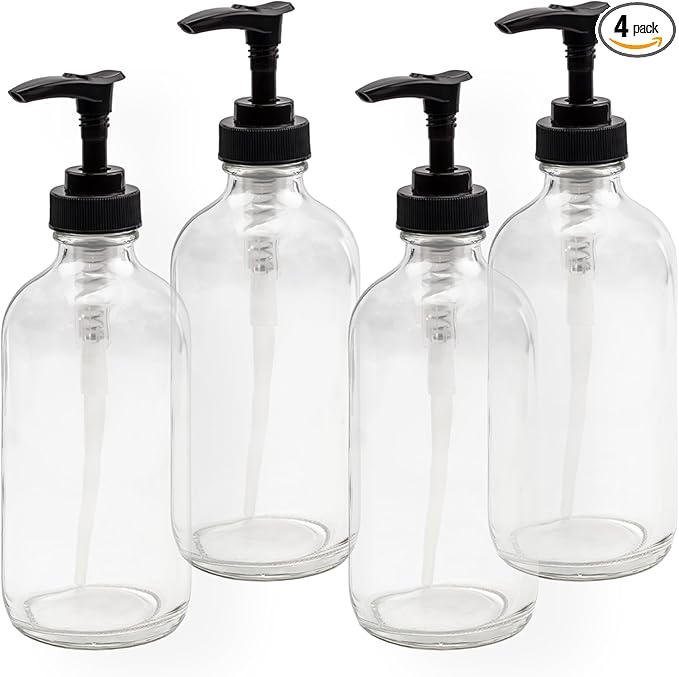Cornucopia Brands 8oz Clear Glass Pump Bottles (4-Pack w/Black Plastic Pumps), Great as Essential Oil Bottles, Lotion Bottles, Soap Dispensers, and More