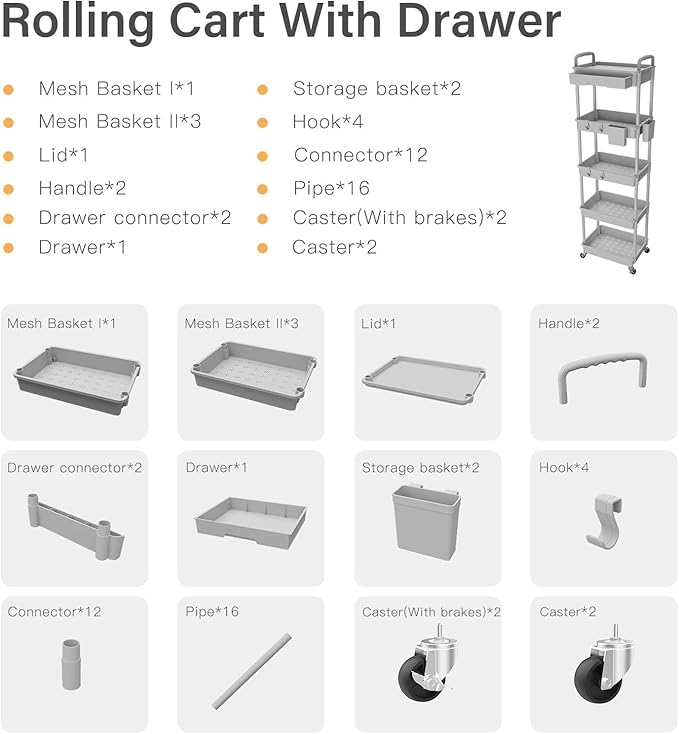 5 Tier Rolling Cart Organizer,Bathroom Cart Organizers with Wheels Laundry Room Organization Mobile Shelving Unit Utility Cart Storage Shelves Multi-Functional for Office, Home(Grey)