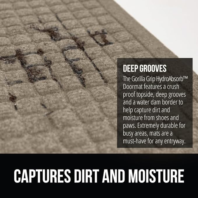 GORILLA GRIP Front Door Mat, 47x35, Indoor Outdoor Ultra Absorbent HydroAbsorb Doormat, Absorbs Up to 6 Cups of Water, Stain and Fade Resistant, Rubber Backing Doormats, Captures Dirt, Beige