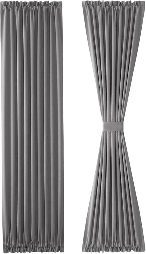 DWCN French Door Curtains – Rod Pocket Thermal Blackout Curtain for Doors with Glass Window, Kitchen and Patio Doors for Privacy, 25 X 80 Inches Long, 1 Curtain Panel with Tieback, Grey