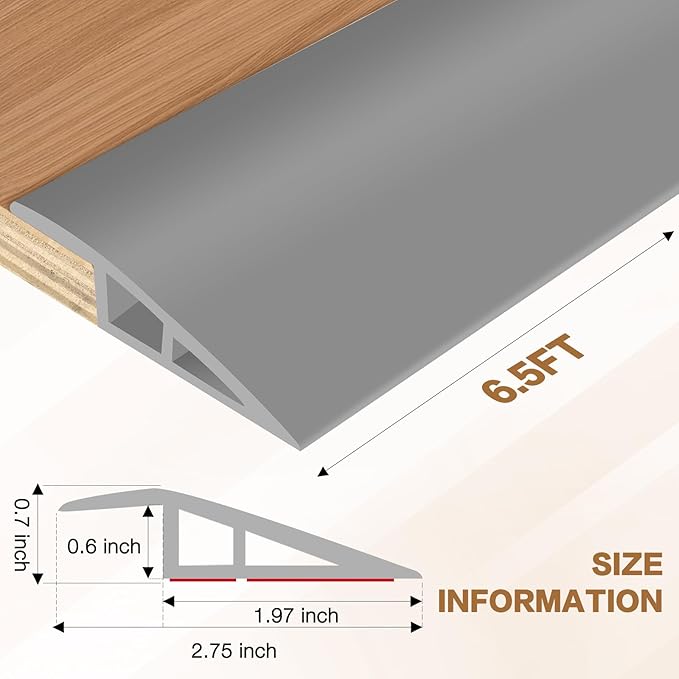 Floor Transition Strip Vinyl Door Threshold Ramp Self Adhesive Carpet Edging Strip Doorway Edge Trim, Overlap Edge Reducer for Laminate Carpet, Floor, Tile (Gray, 2/5" to 3/5", 6.6Ft)