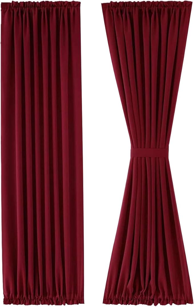 DWCN French Door Curtains – Rod Pocket Thermal Blackout Curtain for Doors with Glass Window, Christmas and Patio Doors for Privacy, 36 X 72 Inches Long, 1 Curtain Panel with Tieback,Burgundy