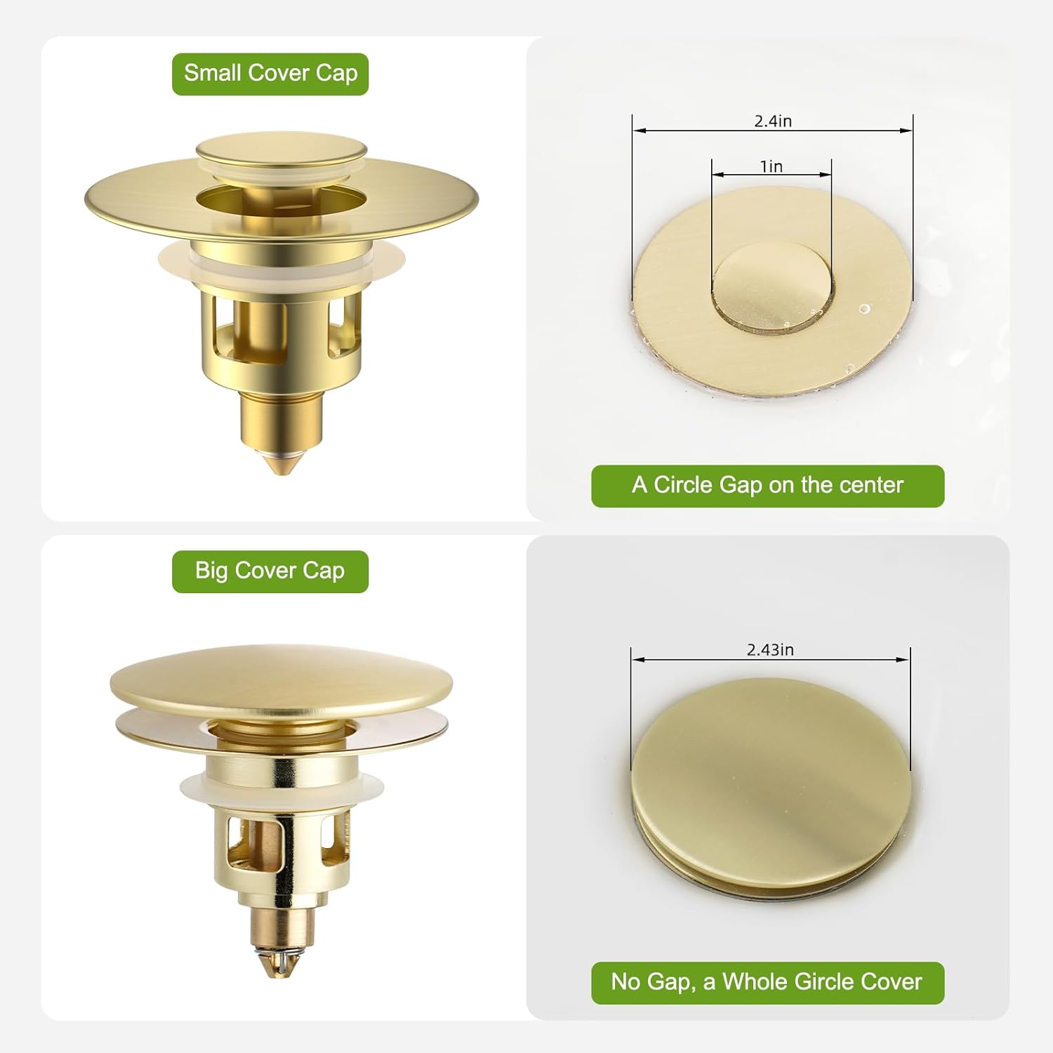 Universal 2PCS Bathroom Sink Stopper 2 in 1 Pop Up Metal Sink Drain Strainer with Hair Catcher, Fit for 1.1~2.36" Sink Basin Hole, Big Cover Cap, Anti-clog, Brushed Gold