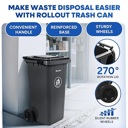 32 Gallon Trash Can with Wheels Outdoor Trash Can with Lid and Wheels Lockable Garbage Can Commercial Heavy-Duty Trash Bin Rolling, Plastic Gray