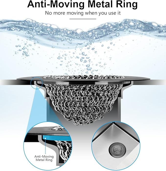 Sink Drain Strainer (Black): Flexible Anti-Slip Chainlink, 304 Stainless Steel. Upgraded Clog-Free, Easy-Clean Catcher for Kitchen Garbage Disposal