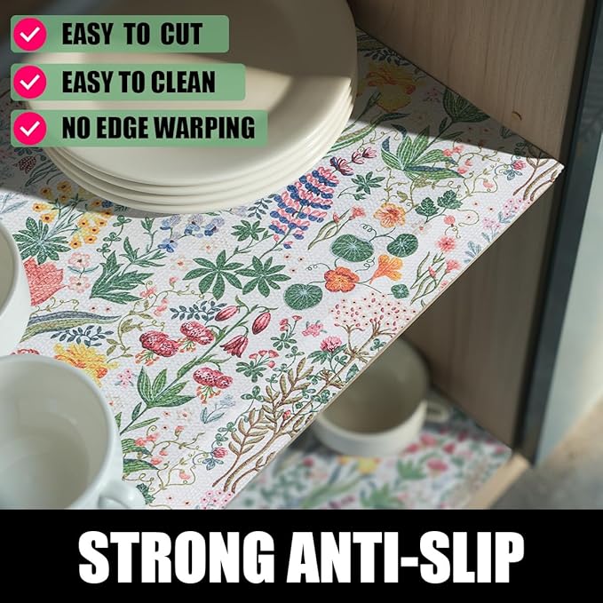 Floral Shelf Drawer Liners, 12IN x 20FT Non Adhesive and Strong Non-Slip Thickened Colorful Cabinet Drawer Shelf Liners for Kitchen Wire Fridge, Waterproof Cabinet Liner,Easy to Clean,