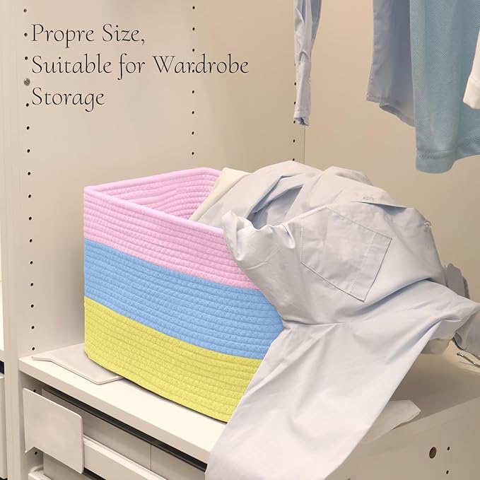 Hopegiver Woven Storage Baskets 15x11x10 Inch, 1 Pack Collapsible Cube Storage Bin for Shelves - Foldable Cotton Rope Organizer Bins for Towels, Toys, Books, Closet, Nursery (Pink Blue Yellow)