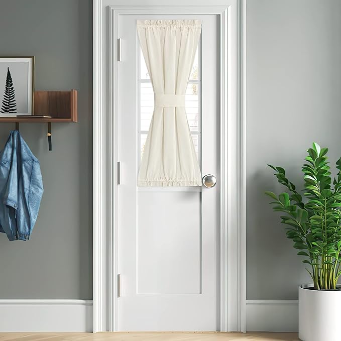 NICETOWN Door Window Curtain Panel, Farmhouse Elegant Solid French Door Curtain Rod Pocket Country Shade for Front with Bonus Tieback - 1 Panel, Off White