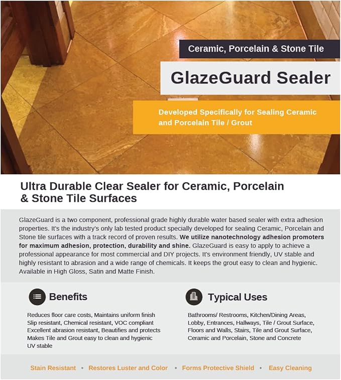 GlazeGuard Matte Floor Sealer Wall Sealer for Ceramic, Porcelain, Stone Tile Surfaces (3 Gal - Prof Grade (2) Part Kit)