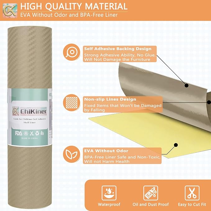 Self-Adhesive Shelf Liner Kitchen Liner, Waterproof Backed Paper Easy Peel and Stick Contact Liner Without Residue for Decor Your Desk Surface, Kitchen Countertops (Dark Khaki, 17.5 x 236.2 inches)