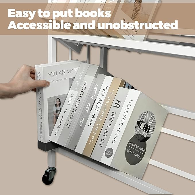 Book Carts 4 Tier 46.5x35.4x9.84 in Rolling Book Cart Large Capacity Bookshelf Storage Rack Mobile Book Storage with Wheels Cart for Home Office Living Room Classroom (White)