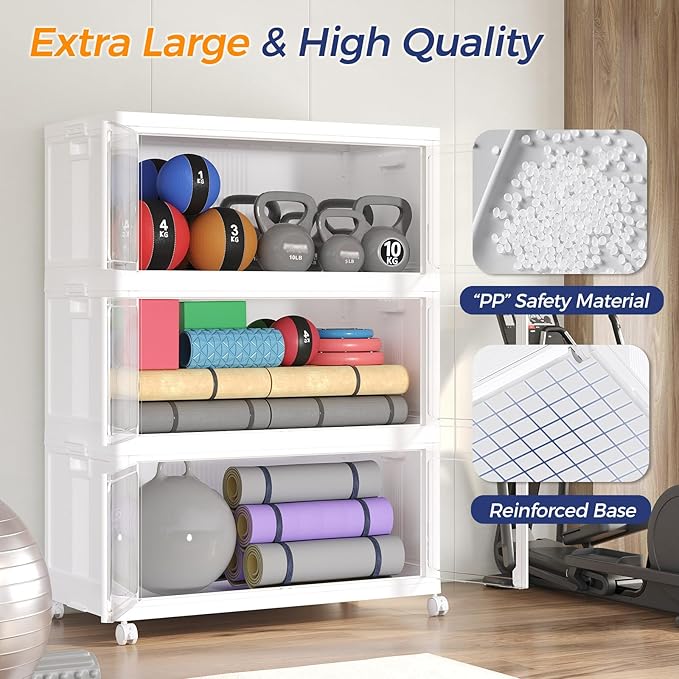 600Qt Stackable Storage Bins with Lid and Wheels, 150Gal Plastic Closet Organizer and Storage Drawer, Large Collapsible Storages Box Cabinet with Clear Door for Home Kitchen, 3Pack White