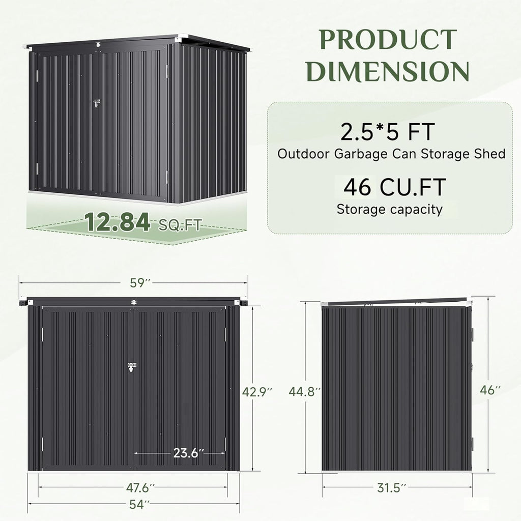 AECOJOY Outdoor Trash Can Storage Shed, 46 Cu.Ft Metal Garbage Bin Enclosure with Lift-Up Lid & Gas Strut, Waterproof Outdoor Garbage Can Organizer, Bike Shed Backyard Patio Garden, Dark Grey