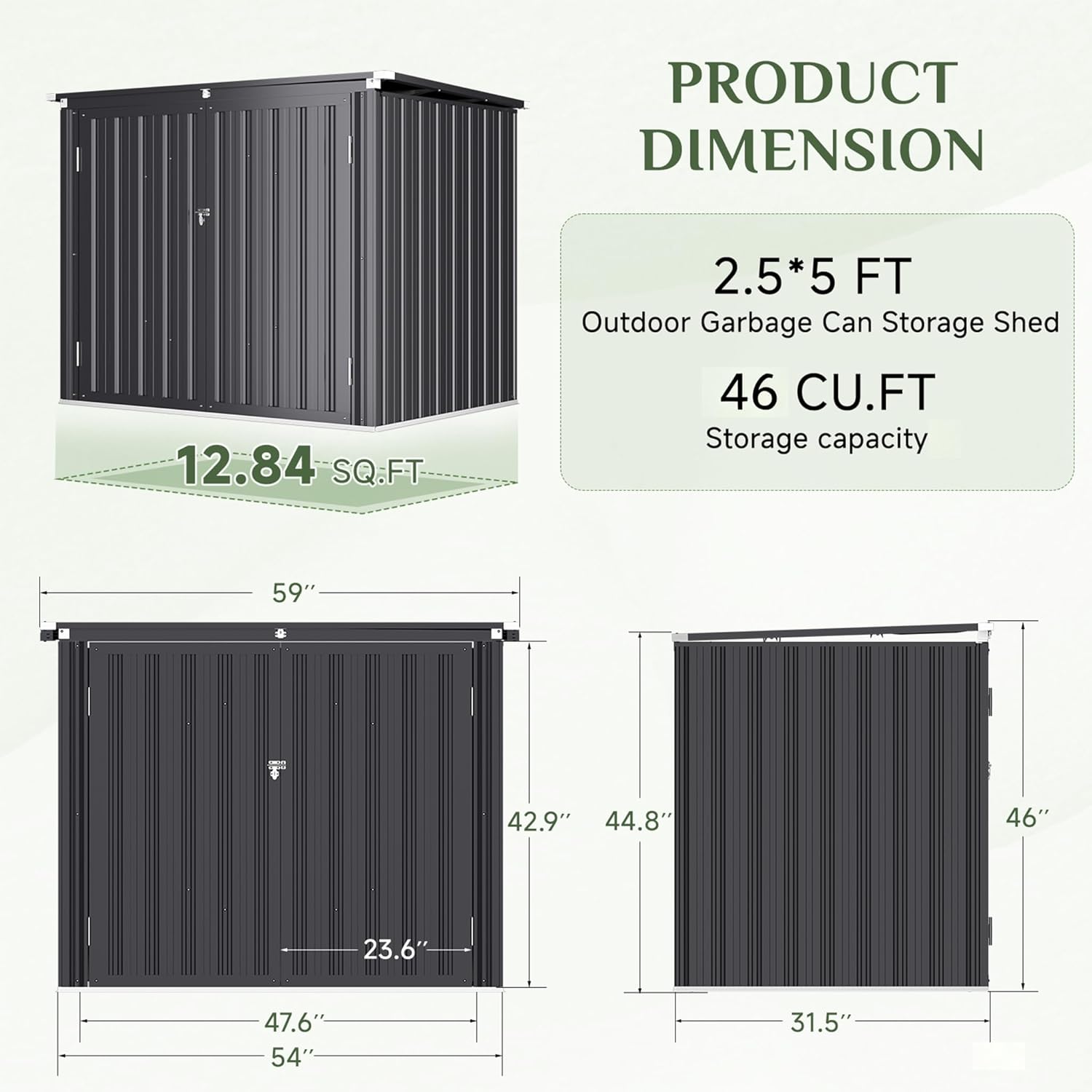 AECOJOY Outdoor Trash Can Storage Shed, 46 Cu.Ft Metal Garbage Bin Enclosure with Lift-Up Lid & Gas Strut, Waterproof Outdoor Garbage Can Organizer, Bike Shed Backyard Patio Garden, Dark Grey