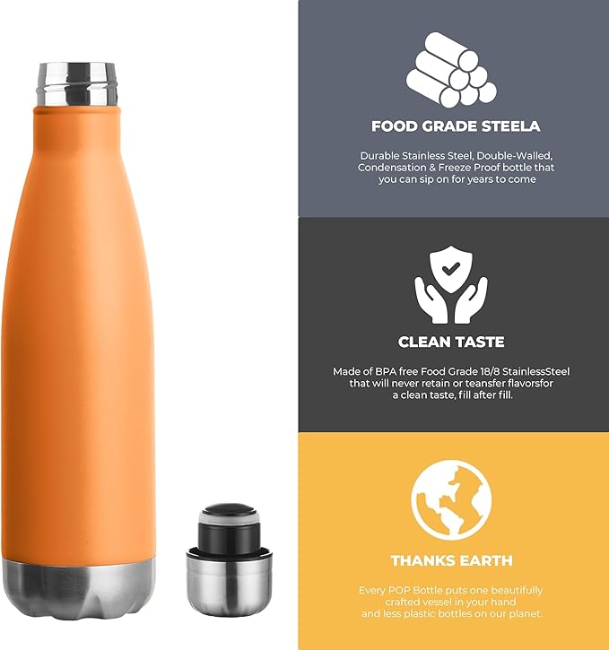 MEWAY 17oz Sport Water Bottle 12 Pack Vacuum Insulated Stainless Steel Leak-Proof Double Wall Cola Shape Water Bottle,Keep Drinks Hot & Cold (Orange,12 Pack)