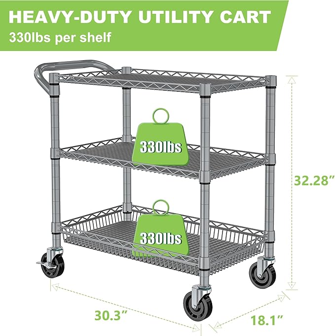 Metal Heavy Duty Carts with Wheels 1050lbs, 3 Tier Rolling Utility Cart with Storage, Steel Wire Carts with Handle Bar&Shelf Liner, Commercial Grade Trolley for Kitchen, Grocery