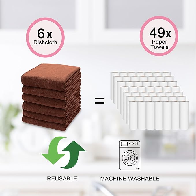 kimteny 13x28 Inches Kitchen Cloth Dish Towels, 400 GSM Premium Dishcloths, Super Absorbent Coral Velvet Microfiber Cleaning Cloths, Fast Drying Rags for Washing Dishes (6 Pack, Brown)