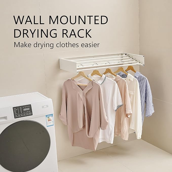 JOOM Laundry Drying Rack Collapsible, Wall Mounted Clothes Drying Rack, Retractable Drying Rack, 31.5" Wide, 5 Aluminum Rods, 60 lb Capacity (White 31.5")