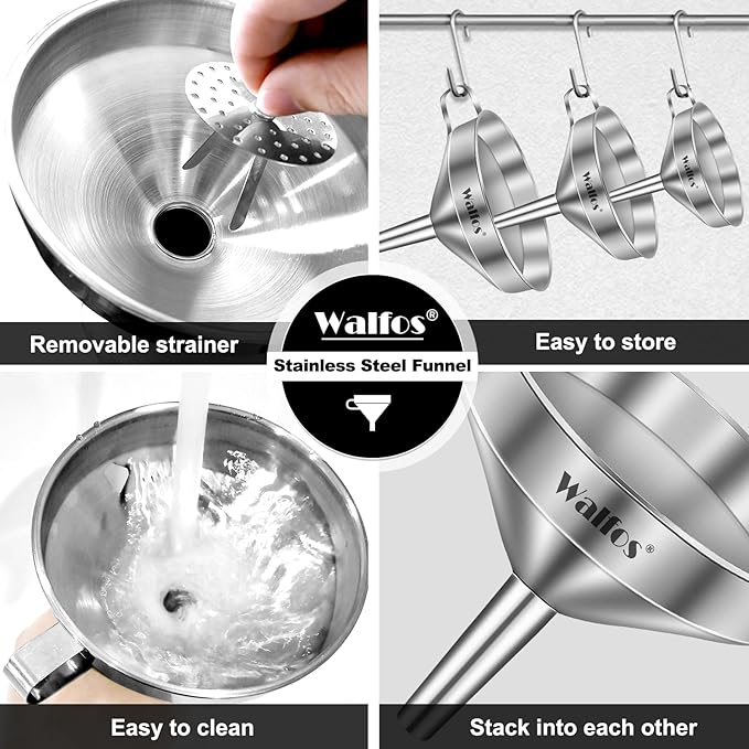 Stainless Steel Funnel, Walfos 3 Pack Kitchen Funnel with 2 Removable Strainer ＆ 1Pcs Cleaning Brush, Perfect for Transferring of Liquid, Oils, Jam, Dry Ingredients & Powder
