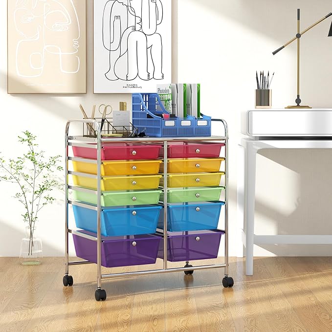 GOFLAME 12-Drawer Rolling Storage Cart, Multipurpose Organizer Cart with 2 Sizes Plastic Drawers, Mobile Utility Cart with Lockable Casters for School, Home Office, Beauty Salon, Rainbow