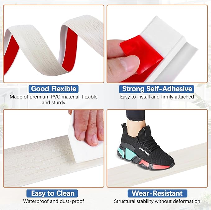 Vinyl Door Threshold Flooring Transition Strip Self Adhesive Carpet Edging Strip for Laminate Doorway Edge Threshold from 2/5" to 3/5" (Beige Wood Grain, 10 Ft)