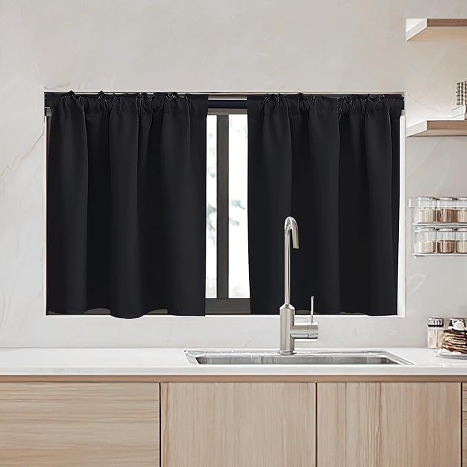 RYB HOME Small Window Curtains - Blackout Insualting Privacy Curtains for Kids Bedroom Kitchen Bathroom Basement Cafe Cabinet Tiers Drapes, 34 Width x 30 Length, 2 Panels, Black