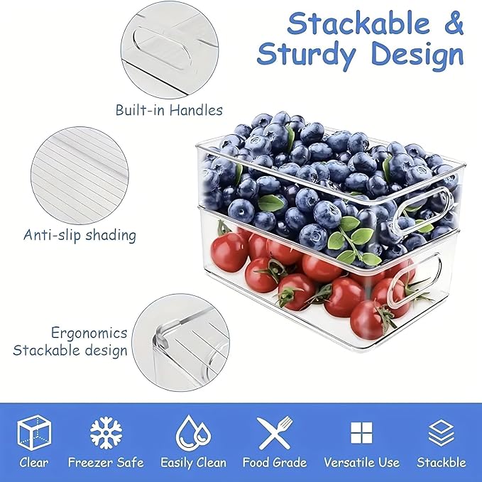 12 Pack Refrigerator Organizer Bins, 3 Sizes Stackable Clear Pantry Storage with Handles and 30 PCS Plastic Bags for Fridge, Freezer, Shelves, Drawer, Snack Organizer for Home & Kitchen