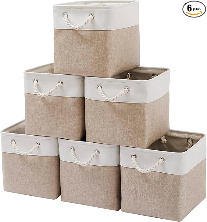 Mangata Canvas Storage Boxes, 11 Inch Cube Storage Bins Set of 6, Fabric Baskets with Cotton Rope Handle for Organizing Clothes Nursery Home (Khaki/White)