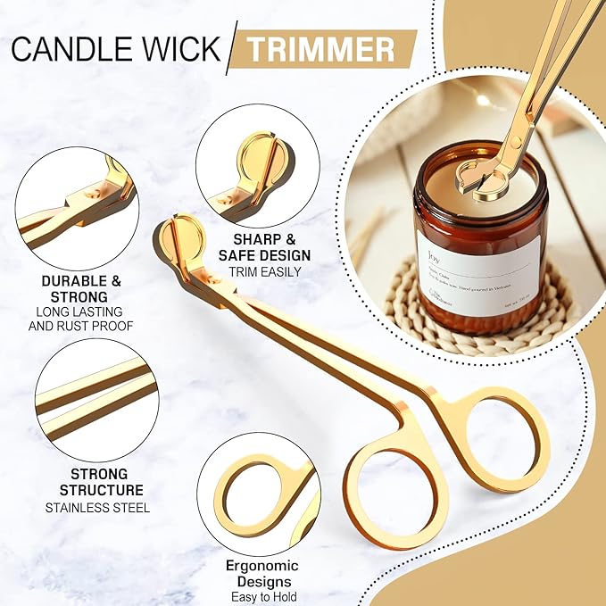 5 in 1 Candle Accessory Set,Candle Wick Trimmer Cutter,Candle Wick Dipper,Candle Wick Snuffer,Rechargeable Candle Lighter,Tweezers,Stainless Steel Candle Care Kit Home Gift for Aromatherapy(Gold)