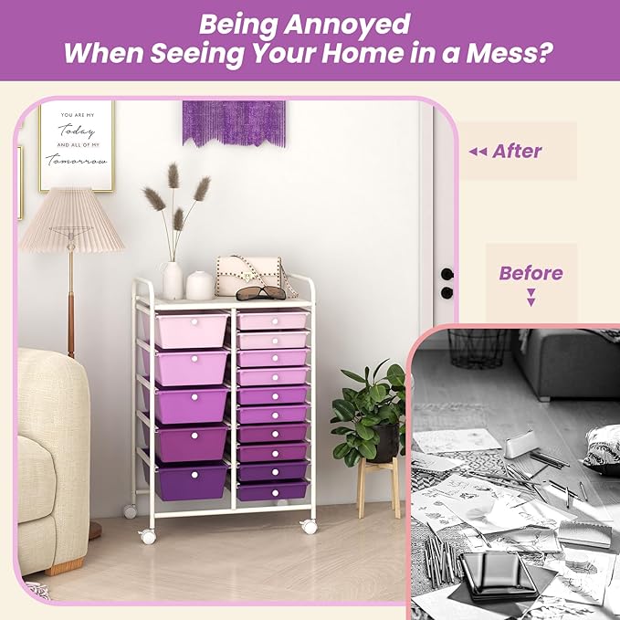 GOFLAME 15-Drawer Rolling Storage Cart, Multipurpose Movable Organizer Cart, Utility Cart for Home, Office, School, Purple Gradient