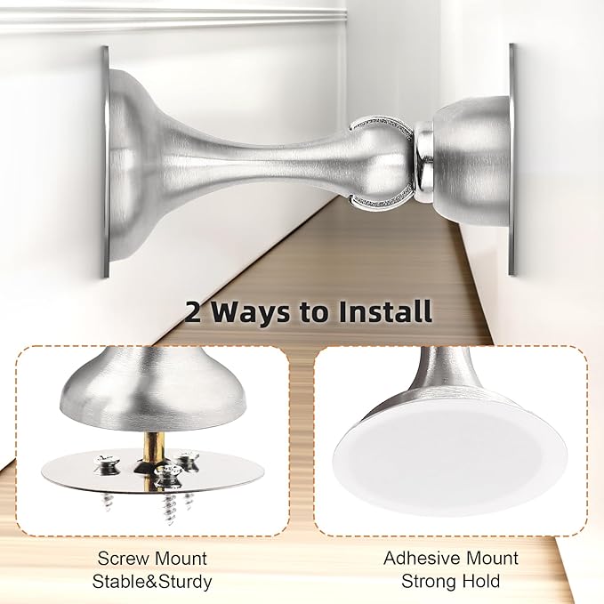 Probrico Brushed Nickel Magnetic Door Stoppers for Bottom of Door, Stainless Steel Magnet Door Catch Door Stops to Keep Door Open, Heavy Duty Door Holder, Wall and Floor Mounting, 2 Pack