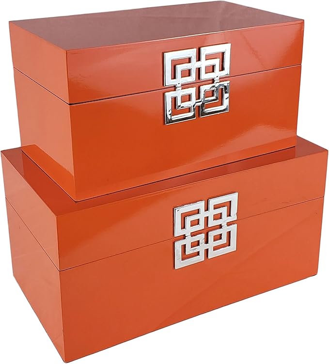 Galt International Storage Boxes - Large & Small Decorative Storage Box w/Hinged Lid - Classic Design Wood Decor Boxes with Geometric Opening Clasp - Home & Office Storage - Set of 2 (Orange)