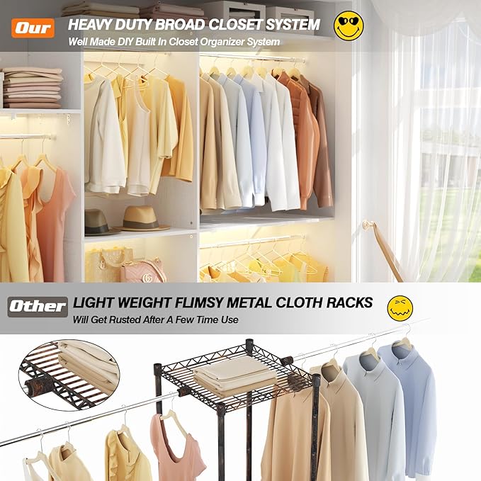 8FT Closet System with Shelves, 96'' Closet Organizer System with 3 Hanging Rods, Wall Mount Bedroom Wardrobe Walk-in Closet, Adjustable Cloth Garment Rack from 5 to 8FT (Cut to Fit), White