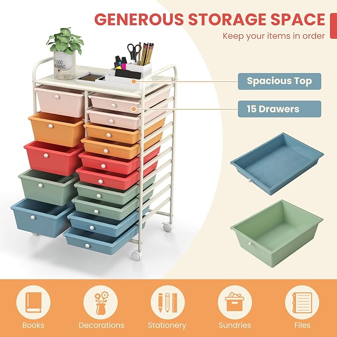 GOFLAME 15-Drawer Rolling Storage Cart, Multipurpose Movable Organizer, Utility Cart for Home, Office, School, Macaron Color