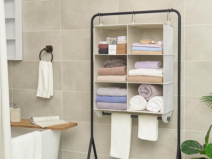 StorageWorks Hanging Closet Organizer with Metal Rod, 6-Section Closet Organizers and Storage, Collapsible Hanging Shelves for Baby Clothes, Shoes, Sweater Storage, Ivory and White