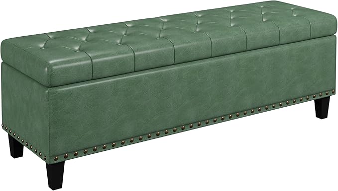 Storage Ottoman Bench, 51-Inch Large Storage Bench for Bedroom End of Bed, 30 Gallons Faux Leather Bench for Bedroom, Living Room, Entryway, Hallway, Green