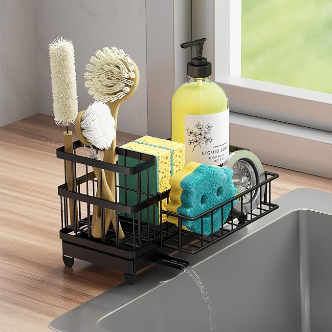 Consuemst Sponge Holder for Kitchen Sink - Auto Draining Sink Caddy Organizer with Detachable Rack, High Brush Holder, Kitchen Countertop Storage Accessories, Black