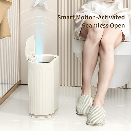 MRBIN Small Trash Can for Bathroom, Automatic Touch Less Garbage Bin with Lid, 2 Gallon Plastic Slim Waste Basket for Office and Kitchen, Electric Motion Sensor Bedroom Bin, Cream White