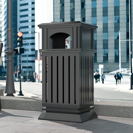 BEAMNOVA Black Trash Can Outdoor Top Tray Stainless Steel Commercial Garbage Enclosure with Locking Lid Heavy Duty Industrial Yard Garage Waste Container, 37.4 * 17.7 * 17.7in