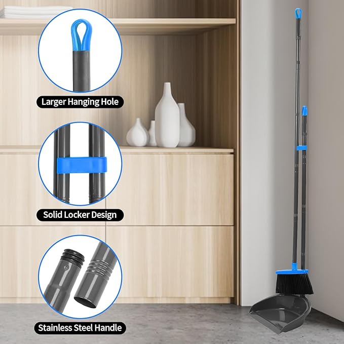 Broom and Dustpan Set ，Long Handle Broom with Upright Standing Dust pan for Indoor Outdoor Home Kitchen Office Floor Cleaning