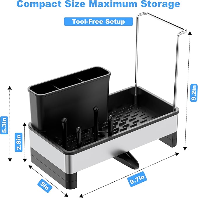 Stainless Steel Sponge Holder for Kitchen Sink Caddy Organizer Rack for Dish Brush Holder, Soap Dispenser and Wash Cloth with Rustproof Auto Drain Tray for Bathroom Countertop Storage