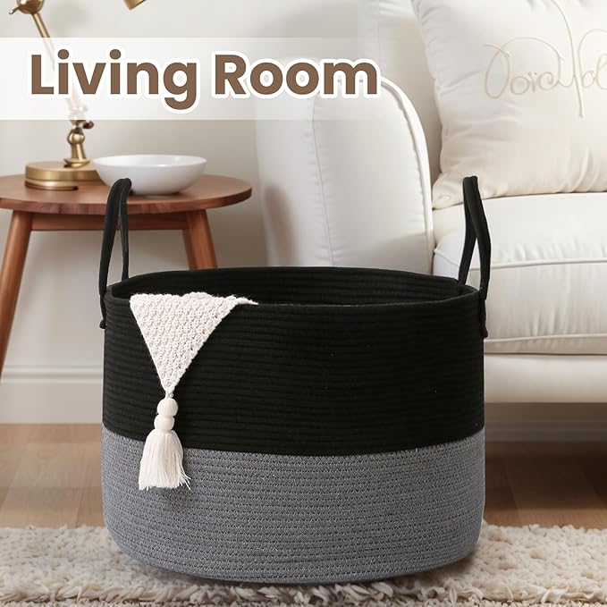 Woven Blanket Basket,65L Large Rope Storage Bin with Handles, Organizer for Blankets Toys Book and Clothes, Laundry Basket for Living Room Bedroom Nursery,Black&Grey