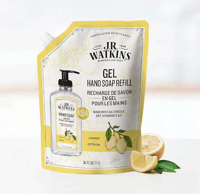 J.R. Watkins Gel Hand Soap Refill Pouch, Scented Liquid Hand Wash for Bathroom or Kitchen, USA Made and Cruelty Free, 34 fl oz, Lemon, 2 Pack