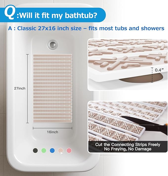 Matace Non Slip Rubber Bathtub & Shower Mat with Suction Cups, Thick Textured Surface, Fast Drain and Upright Drying Design, No Pooling Water for Better Hygiene, 27 x 16 Inch, Beige