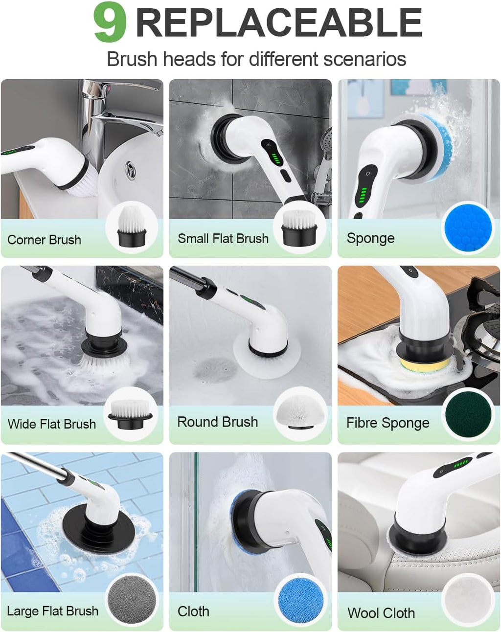 Cordless Electric Spin Scrubber, Power Brush, 9 Brush Heads