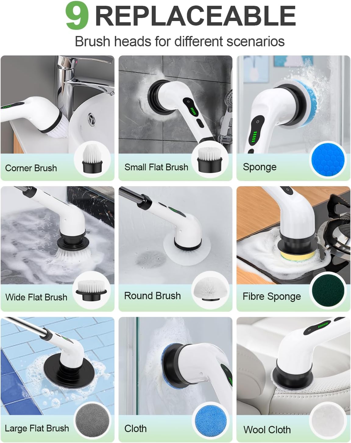 Cordless Electric Spin Scrubber, Power Brush, 9 Brush Heads