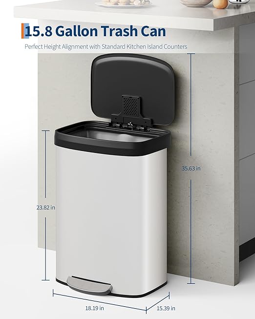 16 Gallon (60 l) Trash Can, Stainless Steel Kitchen Garbage Can, Recycling or Waste Bin with Liner Rim, Rear Handle, Soft Close Plastic Lid Step-on Pedal, Removable Inner Bucket